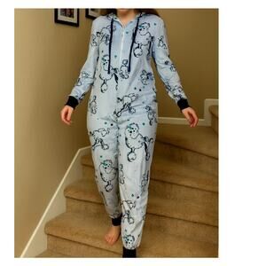 NEW Hale Bob Pajama Soft Hooded Jumpsuit Womens L StrBlue Dogs Poodles Lounge